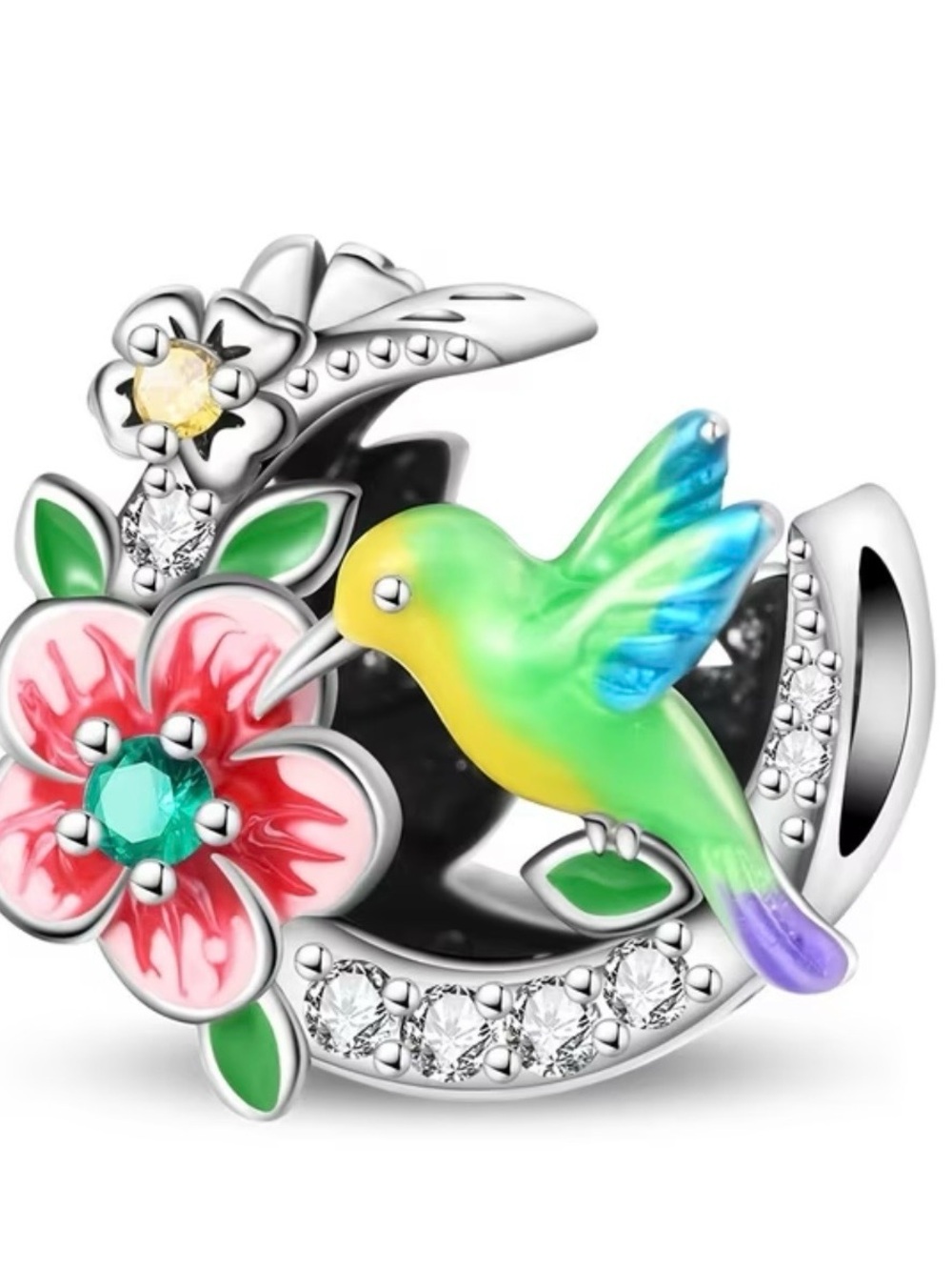 Enamel Hummingbird & Flower Charm Bracelet Bead - Green Multicolor